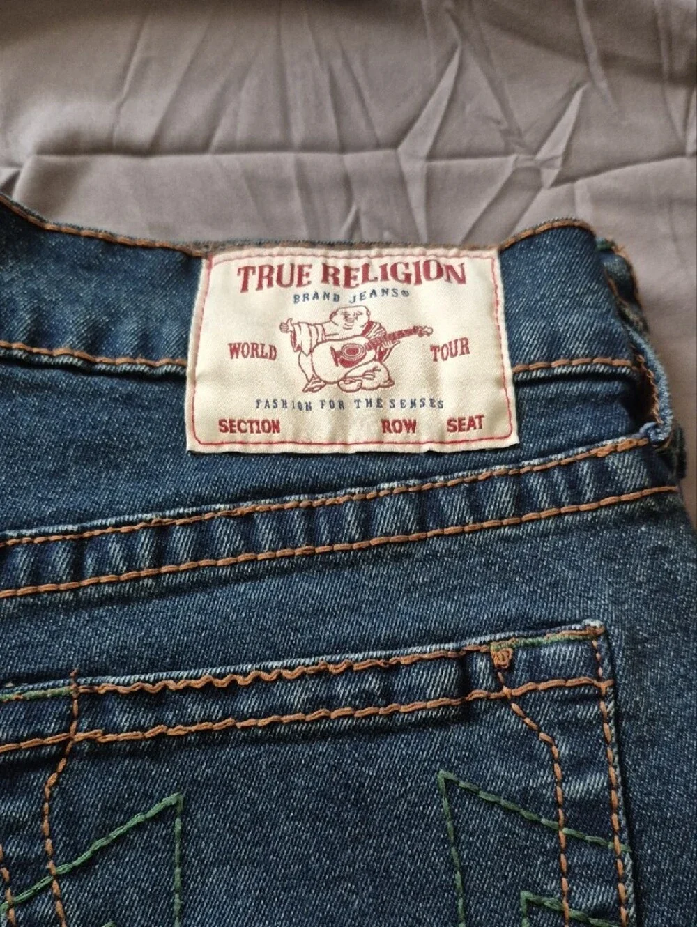 True Religion Skinny Jeans in Faded Blue with Green Stitching